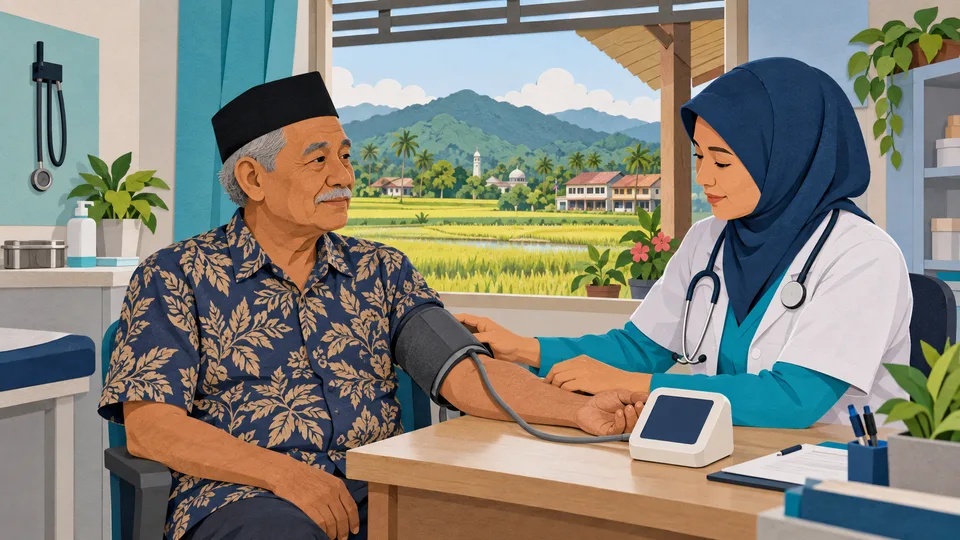Ilustrasi pemeriksaan tekanan darah dengan suasana masyarakat Kedah
