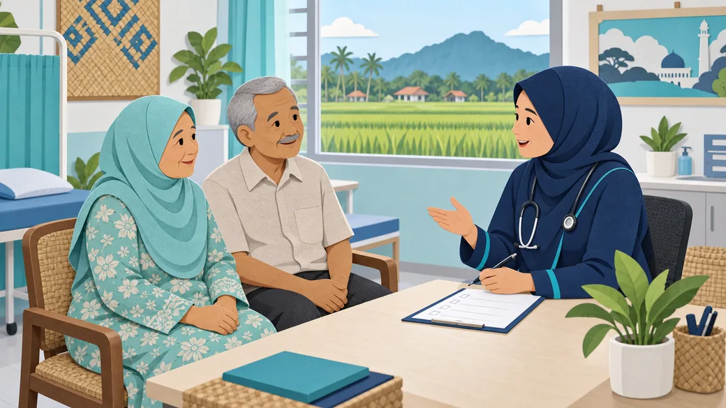 Ilustrasi AI perbincangan saringan kesihatan warga emas dalam suasana Kedah