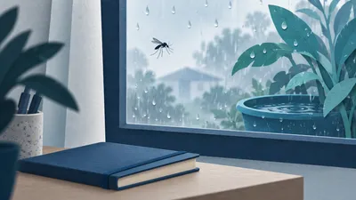 Ilustrasi nyamuk berhampiran tingkap ketika hujan